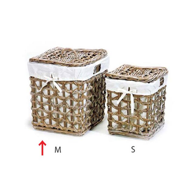 収納 かご バスケット 高級 籐(クブ材)  大型 ランドリー スクエアバスケット M ふた付 横46×奥行46×高さ55cm(持ち手含む)64cm ナチュラル おしゃれの通販は