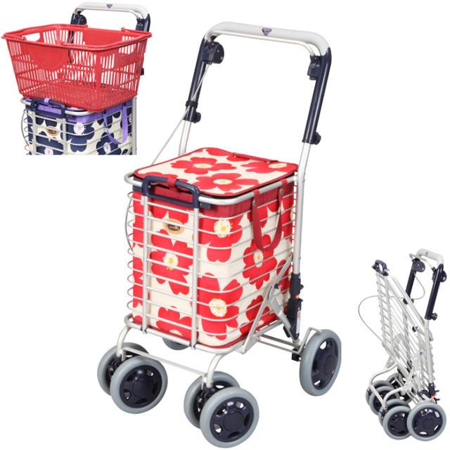 シルバーカー 手押し車 ブレーキ付きアルミワイヤーカー A-0245H 花柄赤 ユーバ産業 袋付き 折り畳み式 高齢者 敬老の日 贈り物の通販は