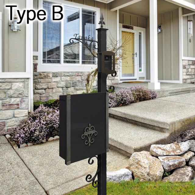 機能門柱 機能ポール 郵便受け 表札 インターホンカバー クラシカル エントランスポール TypeB（ブラックマット）郵便 ポスト ロートアイアン ポール スタンド 門柱 高級 おしゃれ 戸建 新築祝い 庭まわりの通販は