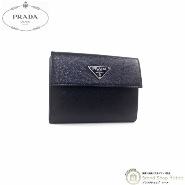 プラダ（PRADA） サフィアーノ トライアングルロゴ コンパクト 三つ折り ヴィンテージ 財布 M523A ブラック 大きな取引 PRADA  サフィアーノトライアングル財布
