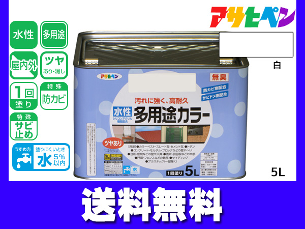 アサヒペン 水性多用途カラー 5L 白 塗料 ペンキ 屋内外 1回塗り 耐久性 外壁 木部 鉄部 サビ止め 防カビ 無臭 送料無料
