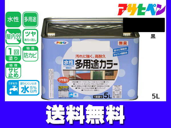 アサヒペン 水性多用途カラー 5L 黒 塗料 ペンキ 屋内外 1回塗り 耐久性 外壁 木部 鉄部 サビ止め 防カビ 無臭 送料無料