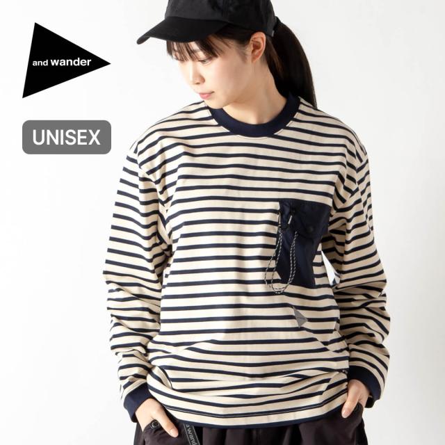 and wander アンドワンダー ストライプポケットLS T 5746184077