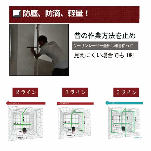 グリーンレーザー墨出し器 3ライン/ 1地墨ポイント4垂直 1水平