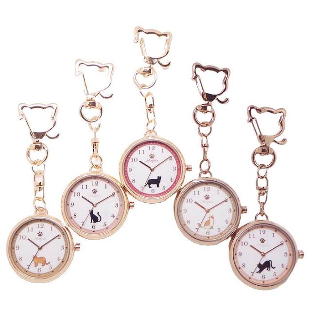 時計 懐中時計 ねこ 猫が文字盤でまったり お花の針がチクタク動く