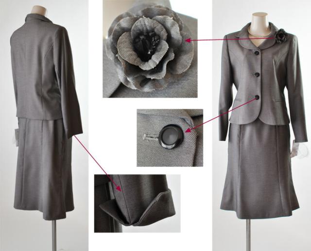 M L LL ギャザー 重ね襟 ジャケット＆ロングスカートスーツコサージュ