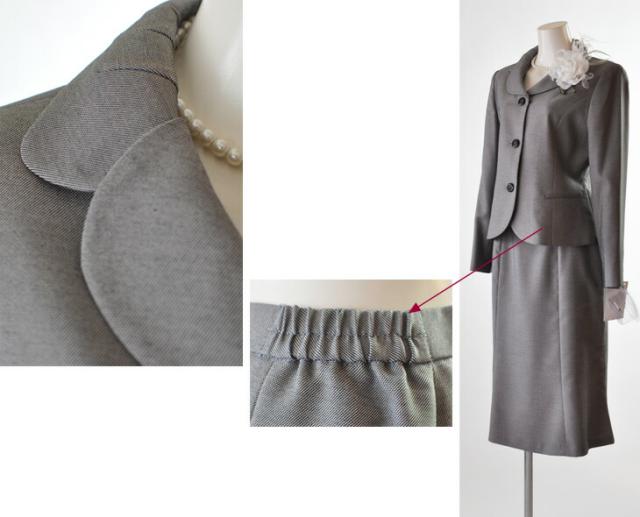 【送料無料】M/L 大きいサイズ ギャザー重ね襟ジャケット＆ロングスカートスーツコサージュ付・グレー系 美シルエットセレモニースーツ 108 M L LL ギャザー 重ね襟 ジャケット＆ロングスカートスーツコサージュ