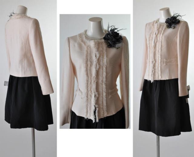 スカート2着ツイード着回し3点スーツ フリンジノーカラージャケット