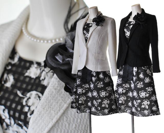 7号 9号 11号 着回し 綿混ワンピーススーツ 七分袖ジャケット白・黒