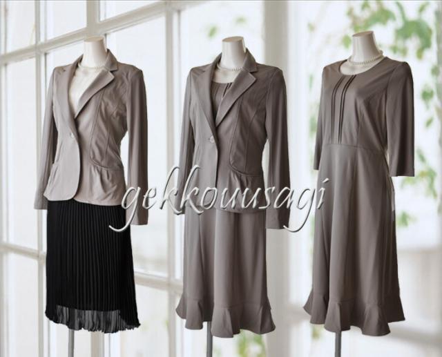 M/L 洗えるスーツ 着回し ストレッチ素材ジャケット ワンピース 黒プリーツスカート 3点スーツ 選べるウエストサイズ グレージュ・グレー・黒 028-030-305/TB2028-2030-4305(AM10d)2028JK-2030OP