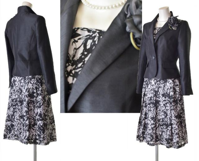 ソフトシャンタン ジャケット フラワーカット 2点スーツ リバーシブル 胸当て 9号 11号 13号 15号  母 ママ 祖母 結婚式 入学式 卒業式 スーツ 5962