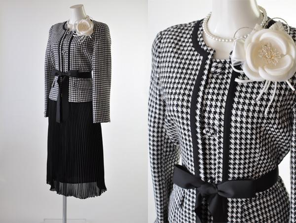 レディース スカートスーツ 小さいサイズ 7号 9号 ノーカラー千鳥格子ジャケット プリーツスカート ウエストベルト付 ロング丈 結婚式 卒業式 入学式 発表会 お宮参り ミセス フォーマル セレモニー (bl2f1Y3)196 送料無料】即納 7号ノーカラー千鳥格子ジャケットと揺れるプリーツ