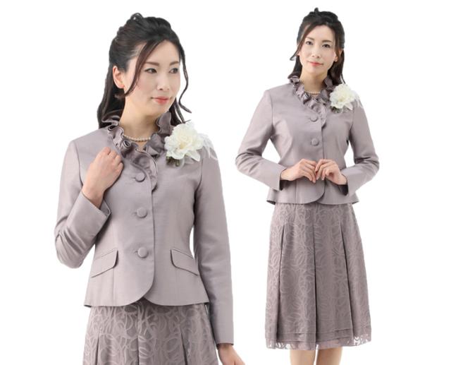9号〜15号 上品な光沢感のある高品質シャンタンスーツ フリル襟 スタンドカラージャケット ウエストゴム入りフレアスカート 835 9号〜15号 上品な光沢感のある高品質シャンタンスーツ フリル襟
