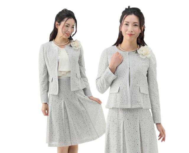 セレモニースーツ カラーフォーマルスーツ コードレース 入学式 卒業式 結婚式 涼しげ 爽やか 好印象 気品 上品 シャンタン ノーカラージャケット タック フレアスカート 5984(mg2f4) セレモニースーツ カラーフォーマルスーツ コードレース 入学式 卒業式