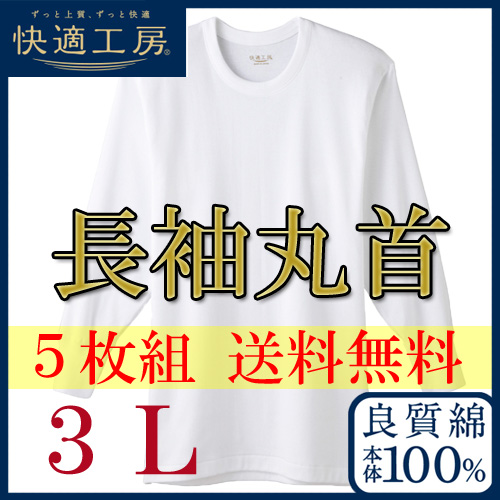 インナー メンズ GUNZE 快適工房 長袖丸首 KH3008 3lサイズ ５枚組 送料無料 gunze 大きいサイズ ゆったり 長袖 クルーネック 肌着(00465)