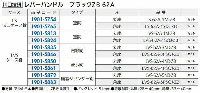 レバーハンドル 62A LVSケース錠 / タイプ：簡易シリンダー錠・丸座