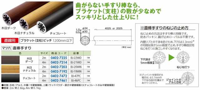 数量限定】 マツ六 フリーRレール 直棒手すり２ｍ ＢＪ−４７ＰＣ チョコレート