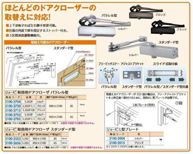 リフォーム用品 リョービ 取替用ドアクローザー パラレル S202P ブラック 21002715の通販はau PAY マーケット クレール  DNA店 au PAY マーケット－通販サイト