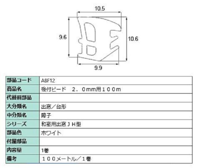 後付グレイチングビード 100m / 1巻 部品色：ホワイト A8F12 交換用 部品 LIXIL リクシル TOSTEM トステムの通販は 9,797円