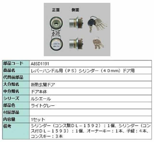 レバーハンドル用 PSシリンダー / 40mmドア用 部品色：ライトグレー A8SD1191 交換用 部品 新日軽 LIXIL リクシル TOSTEM トステムの通販は 25,901円