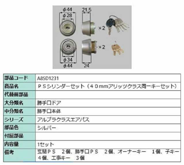 PSシリンダーセット / 1セット入り 部品色：シルバー A8SD1231 交換用 部品 新日軽 LIXIL リクシル TOSTEM トステム