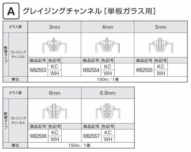 グレイジングチャンネル ガラス厚：3mm用 150m / 1巻 WB2553 部品色