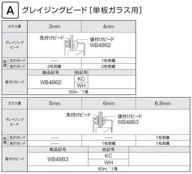 グレイジングビード ガラス厚：5〜6.8mm用 50m / 1巻 WB4863 部品色