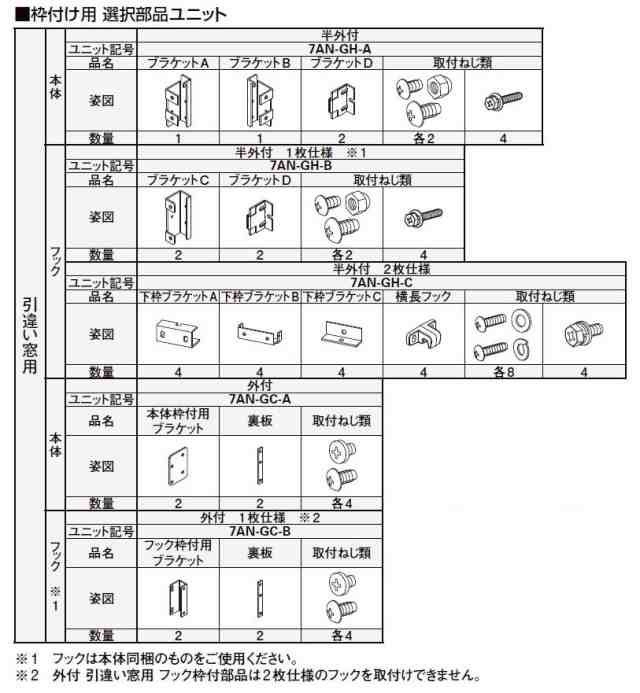 枠付用 取付ブラケットセット 半外付型 引違い窓用 1枚仕様用 7AN-GH アウターシェード/2020用 オプション YKK AP