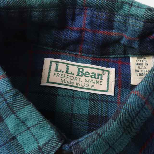 L.L.Bean エルエルビーン シャツ サイズ:S 90s チェック コットン ボタンダウン シャツ 90年代 USA製 ヴィンテージ  グリーン ネイビー トップス カジュアルシャツ 【メンズ】