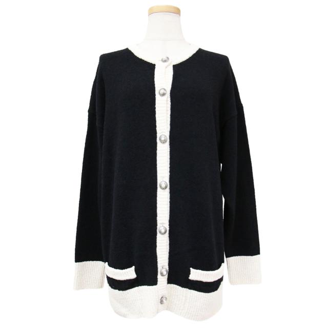 MADISONBLUE マディソンブルー カーディガン ブラック ホワイト 黒白 サイズ:00(XS) バイカラー パールボタン ニット カーディガン 長袖 コットン トップス【レディース】【中古】【美品】【K4147】
