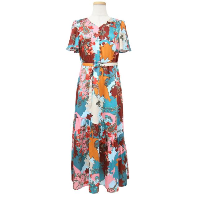 GRACE CONTINENTAL グレースコンチネンタル ワンピース ブルー系 サイズ:36(S) 23春夏 ペイズリーフラワー プリント フレア ロングワンピース 半袖 Vネック リボン ベルト トップス ドレス【レディース】【中古】【K4143】