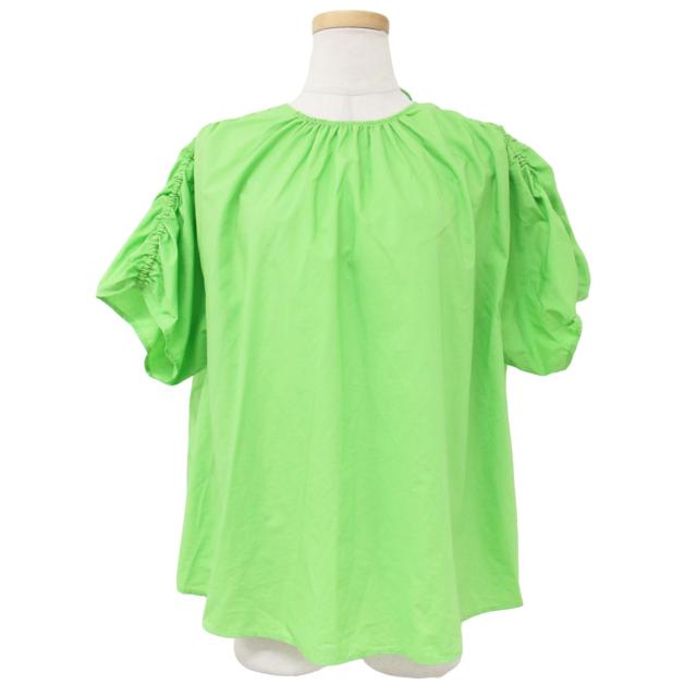 Ballsey ボールジー ブラウス コットン 23春夏 ライトグリーン 36(9号) ギャザー クルーネック バックリボン 半袖 トップス シャツ カットソー シンプル カジュアル 大人 きれいめ 無地 蛍光色 派手 【レディース】【中古】【美品】【K4161】