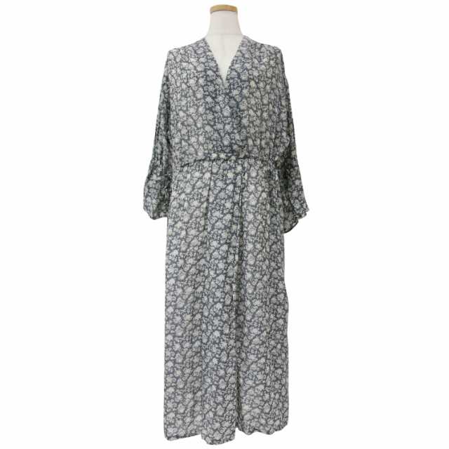 siiwa シーワ DOORS ワンピース ロング グレー ベージュ one(FREE) カシュクール Vネック 七分袖 フリル ギャザー フラワープリント 花柄 ドローストリング コットン 綿 ドアーズ【レディース】【中古】【美品】【K4065】の通販は