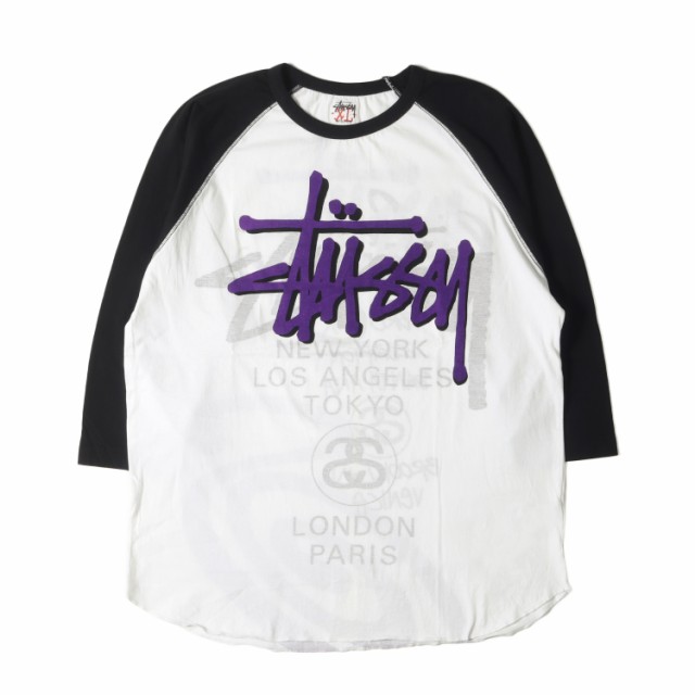 STUSSY ステューシー Tシャツ サイズ:XL 両面プリント ワールドツアーロゴ 7分袖 ラグラン Tシャツ ブラック ホワイト 黒白 トップス カ