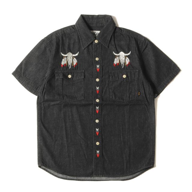 CALEE キャリー シャツ サイズ:M バッファロースカル 刺繍 デニム 半袖シャツ ブラック 黒 トップス カジュアルシャツ ウォッシュ加工【メンズ】【中古】【美品】【K4082】の通販は 7,810円