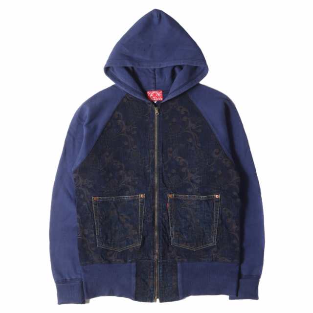 EVISU エヴィス パーカー サイズ:38(M) 唐草ジャガード デニム コンビ ジップ スウェットパーカー インディゴ ネイビー 日本製 トップス