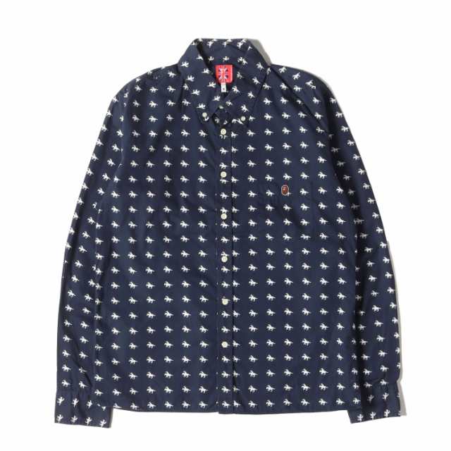 A BATHING APE ア ベイシング エイプ シャツ サイズ:M 00s 総柄 コットン ボタンダウン シャツ ネイビー 紺 トップス カジュアルシャツ 長袖【メンズ】【中古】【K4223】の通販は