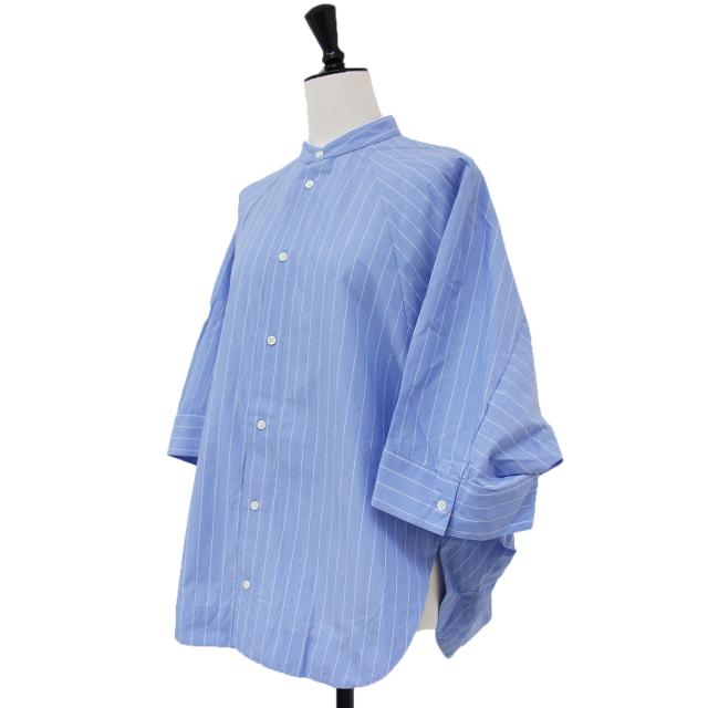 GALERIE VIE ギャルリー ヴィー シャツ ライトブルー サイズ:FREE 24秋冬 コットン ブロード ラグランスリーブ ワイドシャツ / 半袖 バンドカラー スリット ストライプ コットン トップス ブラウス【レディース】【中古】【K4254】の通販は