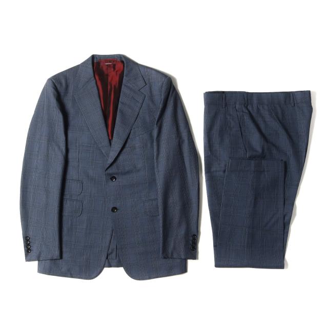 dunhill ダンヒル サイズ:52 グレンチェック ウール スーツ セットアップ / BERGRAVIA MADE IN SPAIN ライトブルー ブラック【メンズ】【中古】【K4316】 dunhill ダンヒル サイズ:52 グレンチェック ウール スーツ
