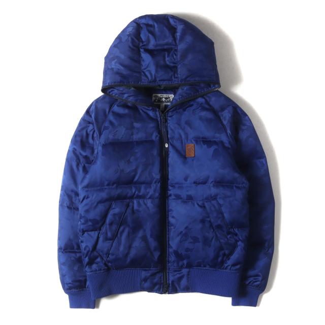 A BATHING APE ア ベイシング エイプ ジャケット サイズ:S レザーパッチ付き ジャガードカモ 猿迷彩 ダウンジャケット ブルーカモ アウター ブルゾン 上着【メンズ】【中古】【K4323】