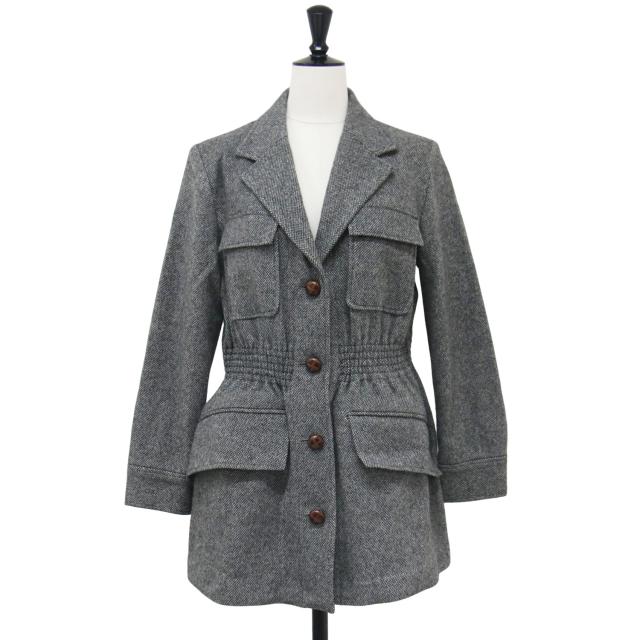 Whim Gazette ウィムガゼット ジャケット グレー サイズ:FREE / 23秋冬 ウール サファリ ジャケット / ミディ丈 ツイード ゴム ギャザー / アウター コート 上着【レディース】【中古】【美品】【K4331】の通販は