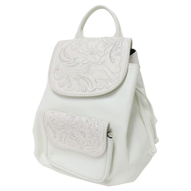 Carving Tribes カービング トライブス バッグ ホワイト 白 / カービング バックパック / バッグ リュック フラップ 花柄 フラワー 本革 レザー / ブランド カバン【レディース】【中古】【K4331】