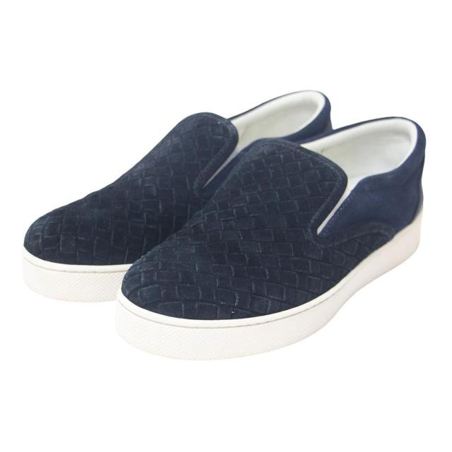 BOTTEGA VENETA ボッテガヴェネタ スニーカー ブラック ネイビー グレー サイズ:37(24.0cm) / スウェード レザー イントレチャート スニーカー / スリッポン 配色 サイドゴア / イタリア製 / ブランド シューズ 靴 【レディース】【中古】【K4360】