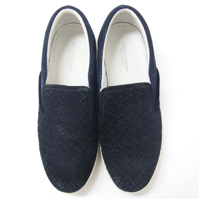 BOTTEGA VENETA ボッテガヴェネタ スニーカー ブラック ネイビー グレー サイズ:37(24.0cm) / スウェード レザー イントレチャート スニーカー / スリッポン 配色 サイドゴア / イタリア製 / ブランド シューズ 靴 【レディース】【中古】【K4360】