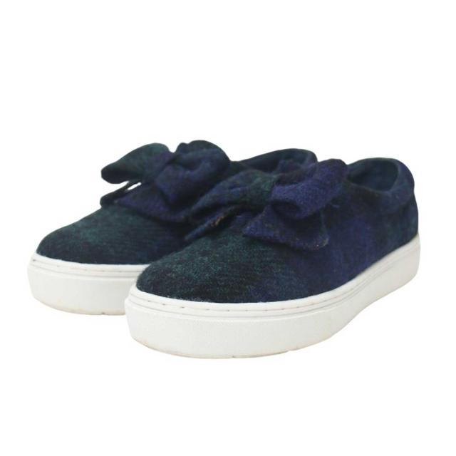 F-TROUPE エフトゥループ BEAMS 別注 ネイビー グリーン サイズ:36(23.0cm) / ハリスツイード リボン シューズ / ローカット スニーカー スリッポン / シューズ 靴 【レディース】【中古】【K4361】