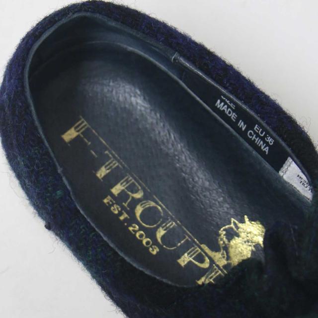 F-TROUPE エフトゥループ BEAMS 別注 ネイビー グリーン サイズ:36(23.0cm) / ハリスツイード リボン シューズ / ローカット スニーカー スリッポン / シューズ 靴 【レディース】【中古】【K4361】