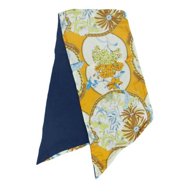 manipuri マニプリ ウール W マフラー / ストール シルク ダブルフェイス スカーフ柄 フラワープリント / ブルー系 イエロー系 / ファッション 小物 雑貨 / 日本製【レディース】【中古】【K4366】