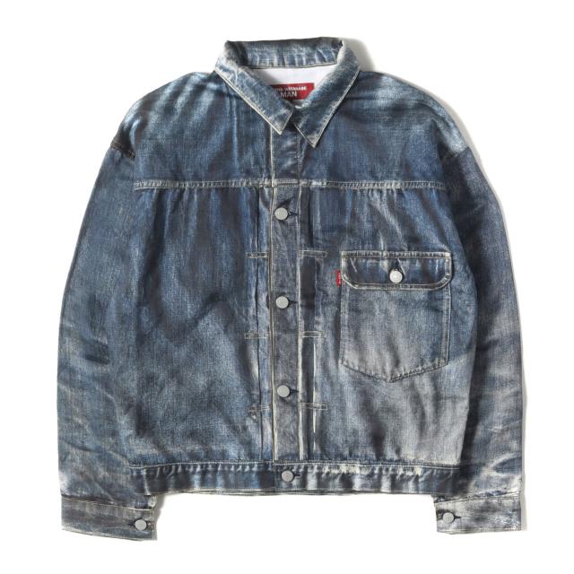 eYe JUNYA WATANABE MAN アイ ジュンヤ ワタナベ マン ジャケット サイズ:XS / 22SS Levis BerBerJin デニム 転写 プリント コットンリネン トラッカー ジャケット (WI-J907) / インディゴ / アウター ブルゾン 上着 コラボ【メンズ】【中古】【美品】【K4386】