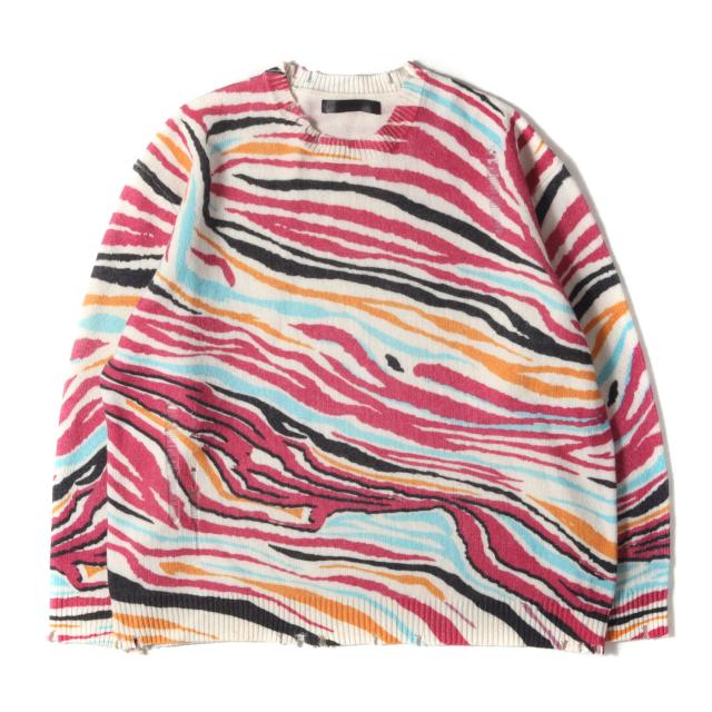 JUN/NAKAYAMA ジュンナカヤマ ニット サイズ:L/XL / 22AW ダメージ加工 マルチ ゼブラ ニット (SUNNY DISTRESSED SWEATER) / アイボリー マルチカラー / トップス セーター プルオーバー【メンズ】【中古】【美品】【K4397】