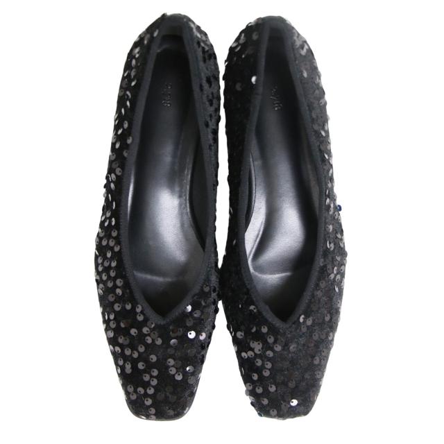 2.718 ブラック 黒 サイズ:38(24.5cm) 24秋冬 スパンコール パンプス / フラット Vカット スクエアトゥ シューズ 靴【レディース】【中古】【K4263】